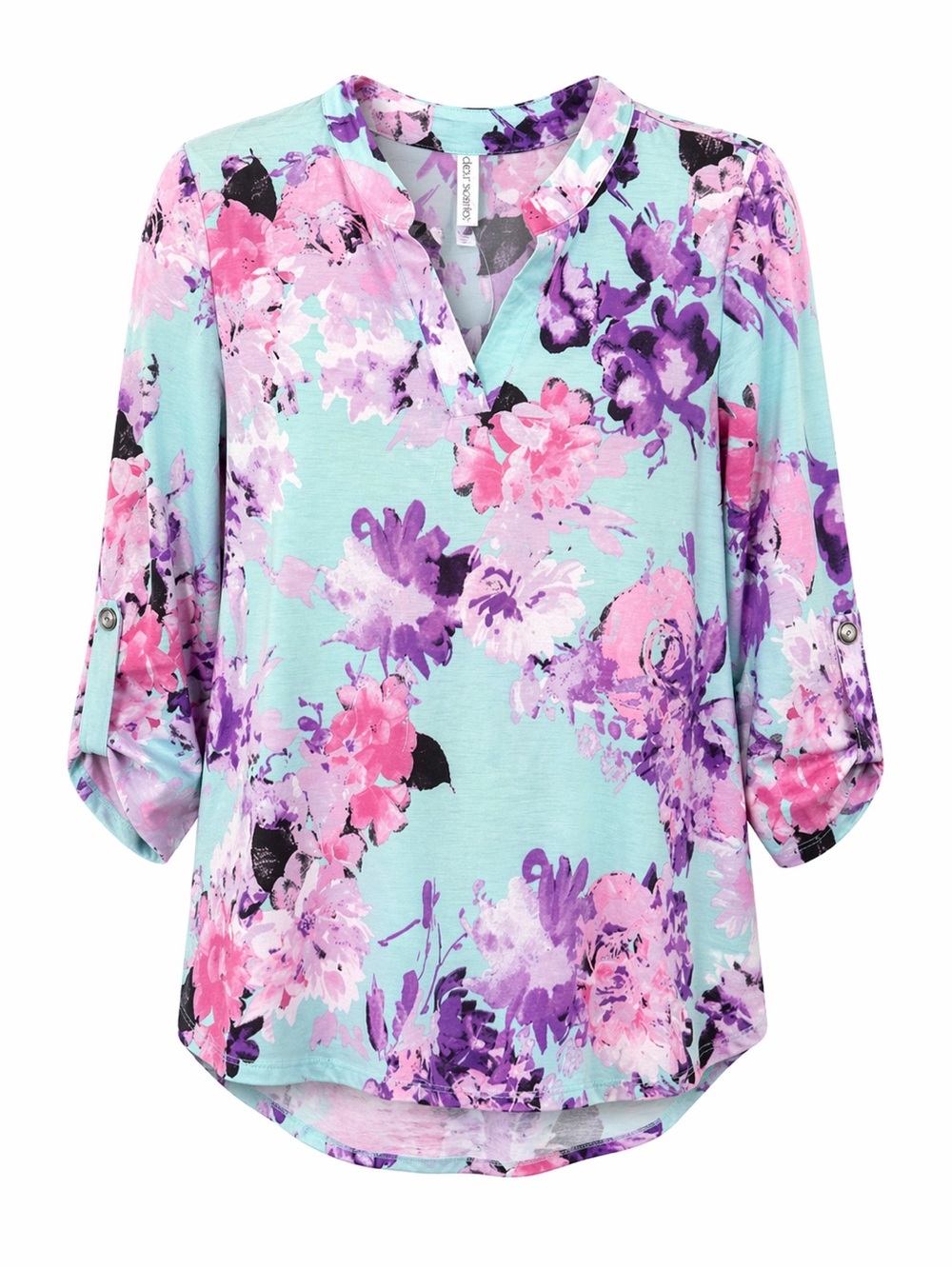 Dear Scarlett Floral V-Neck Roll-Sleeve Blouse in Aqua